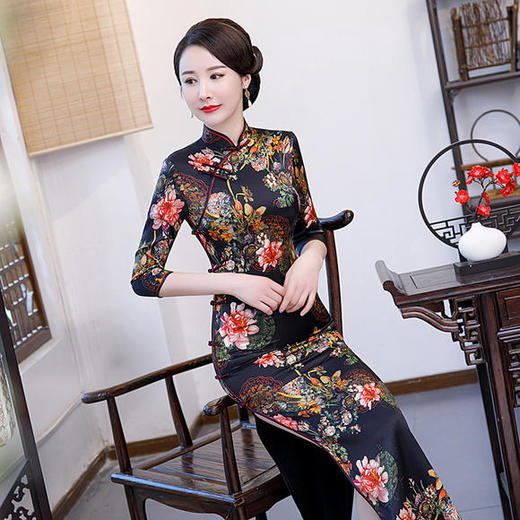 WXG-真丝旗袍长款长袖连衣裙改良秋季新款桑蚕丝 商品图0