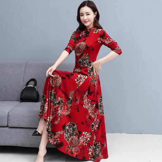 WF-5478秋季新款高贵洋气修身长款复古中年妈妈裙子长袖连衣裙 商品图0