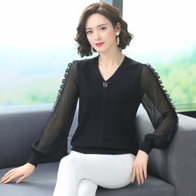 FCY-AS2001秋装短款针织衫上衣雪纺拼接灯笼袖时尚洋气打底衫