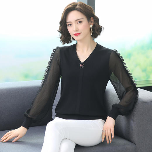 FCY-AS2001秋装短款针织衫上衣雪纺拼接灯笼袖时尚洋气打底衫 商品图0