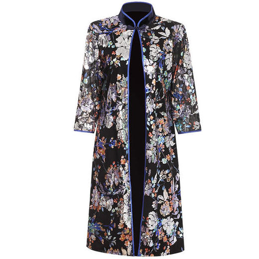 DLQ-A2699新款中国风优雅气质立领七分袖印花亮片长款风衣外套 商品图4