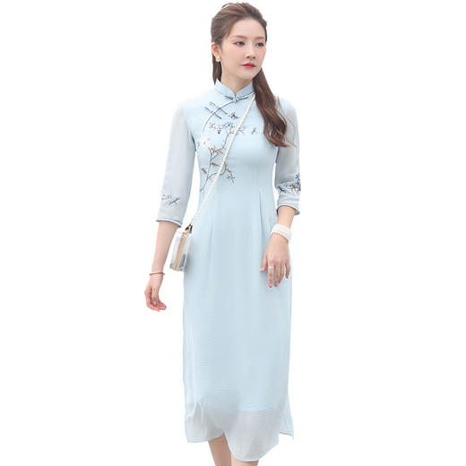 XGT-Q2355改良雪纺古典绣花时尚中长款中国风旗袍裙 商品图4