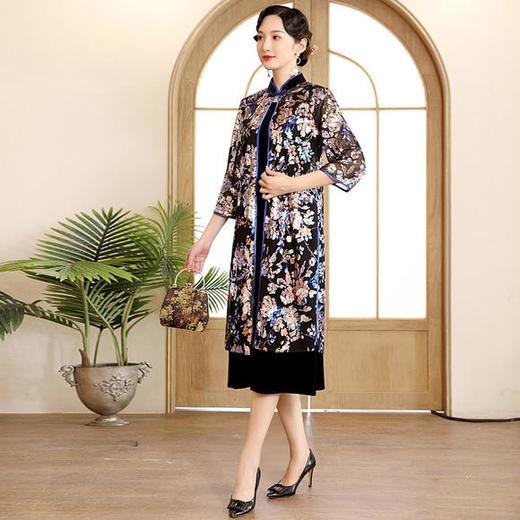 DLQ-A2699新款中国风优雅气质立领七分袖印花亮片长款风衣外套 商品图1