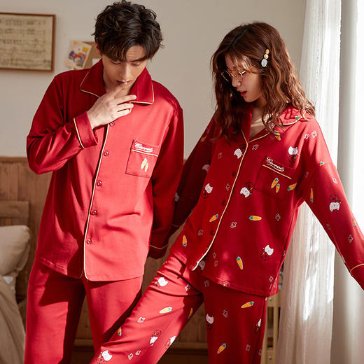 可人儿新婚情侣睡衣女结婚纯棉大红色春秋长袖薄款家居服套装男士 商品图2