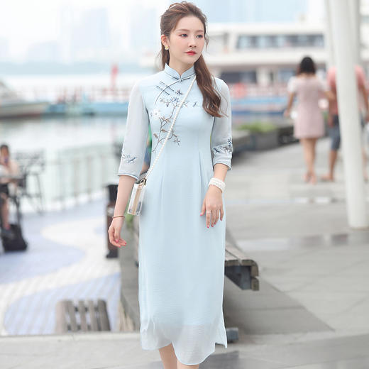 XGT-Q2355改良雪纺古典绣花时尚中长款中国风旗袍裙 商品图0