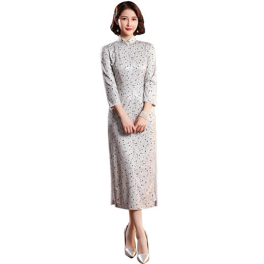 XGT-Q2384秋季新款改良弹力波点针织优雅中长款民国风旗袍裙 商品图4