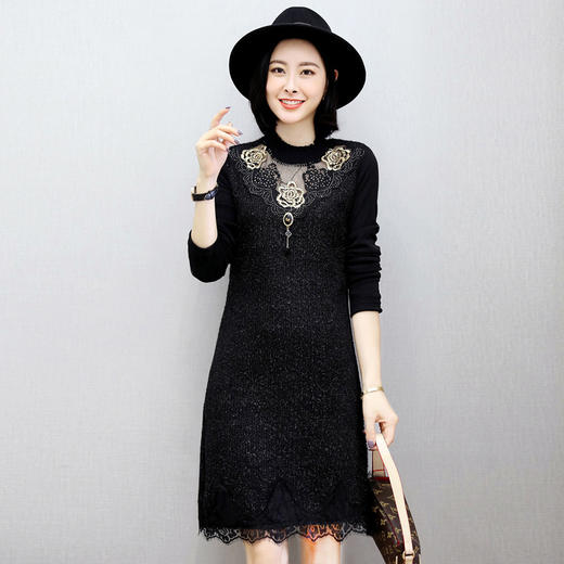 WZNH-JNFGN8100-28中长款拼接蕾丝绣花A字裙中腰圆领加厚连衣裙 商品图3