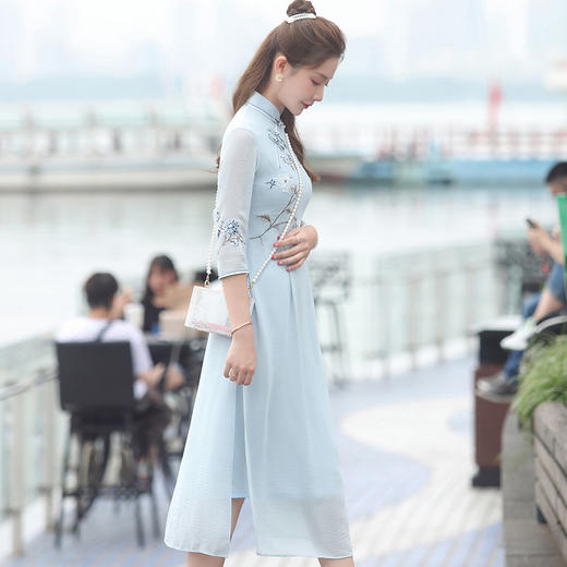XGT-Q2355改良雪纺古典绣花时尚中长款中国风旗袍裙 商品图2