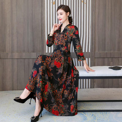 NTBS-秋装2020年新款女气质V领印花收腰显瘦连衣裙 商品图2