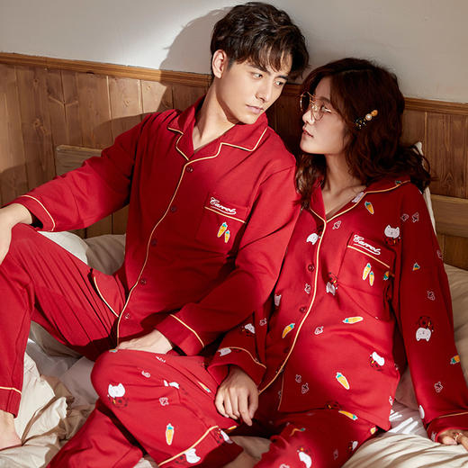 可人儿新婚情侣睡衣女结婚纯棉大红色春秋长袖薄款家居服套装男士 商品图3