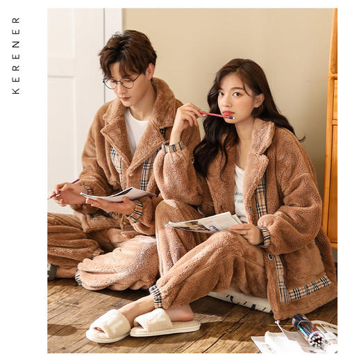 情侣睡衣女秋冬加厚美舒绒开衫加绒保暖网红珊瑚绒家居服男春套装 商品图1
