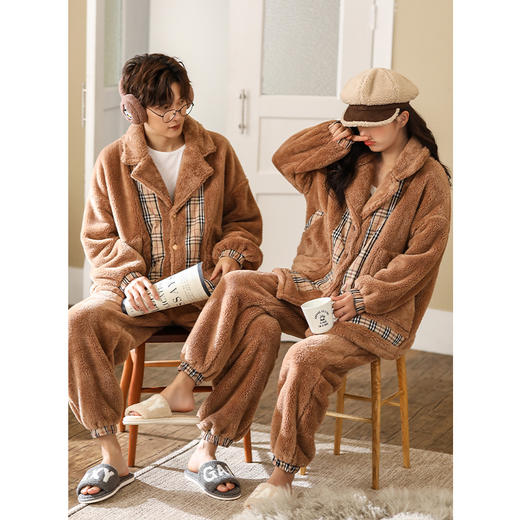 情侣睡衣女秋冬加厚美舒绒开衫加绒保暖网红珊瑚绒家居服男春套装 商品图0