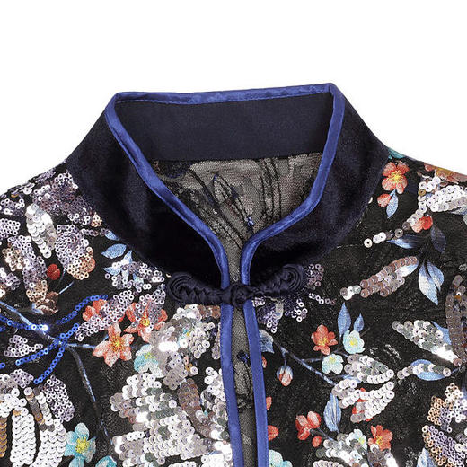 DLQ-A2699新款中国风优雅气质立领七分袖印花亮片长款风衣外套 商品图3