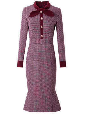 FMY-27741格子连衣裙女长袖2020春秋小香风修身中长款鱼尾裙子 商品图1