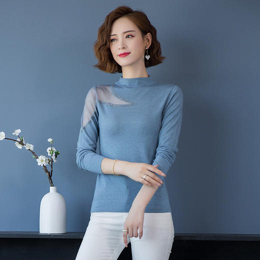 FCY-MYN2077镶钻网纱袖半高领针织衫 商品图1