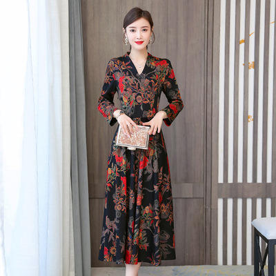 NTBS-秋装2020年新款女气质V领印花收腰显瘦连衣裙 商品图3