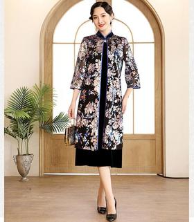 DLQ-A2699新款中国风优雅气质立领七分袖印花亮片长款风衣外套