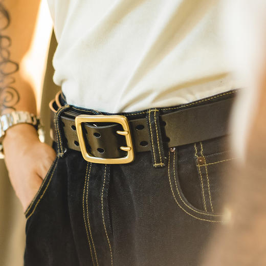 马登工装美式复古双针扣金属植鞣皮腰带西部黑色百搭铜扣裤带男潮 商品图1