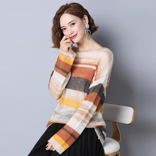 上海旗袍厂PY-30888 秋季新款条纹时尚圆领套头针织衫内搭显瘦潮流气质女毛衣 商品图5