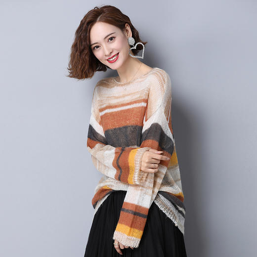 上海旗袍厂PY-30888 秋季新款条纹时尚圆领套头针织衫内搭显瘦潮流气质女毛衣 商品图4