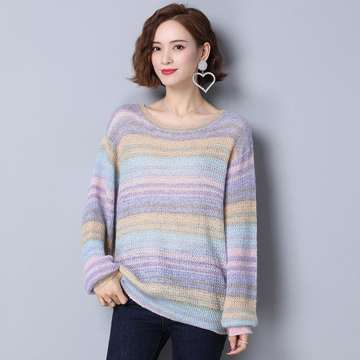 上海旗袍厂PY-20555  秋季新款慵懒风彩色条纹休闲百搭女毛衣圆领套头甜美气质针织衫 商品图1