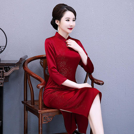 WXG-醋酸旗袍连衣裙改良日常长袖短款中长款 商品图0