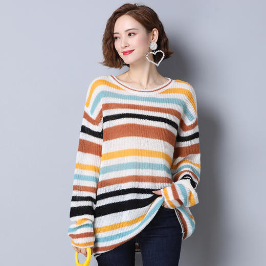 上海旗袍厂PY-30555  秋冬新款彩色条纹圆领套头女毛衣中长款宽松时尚休闲百搭针织衫 商品图2