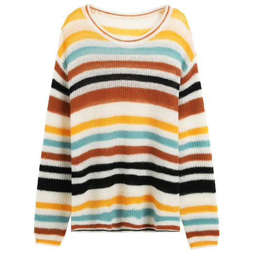 上海旗袍厂PY-30555  秋冬新款彩色条纹圆领套头女毛衣中长款宽松时尚休闲百搭针织衫 商品图9