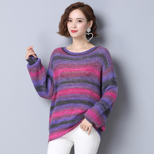 上海旗袍厂PY-20555  秋季新款慵懒风彩色条纹休闲百搭女毛衣圆领套头甜美气质针织衫 商品图4
