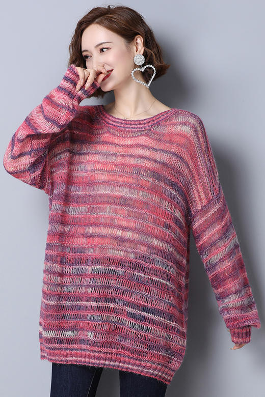 上海旗袍厂PY-20222  秋季新款纯色时尚圆领套头慵懒风毛衣宽松镂空针织衫 商品图5