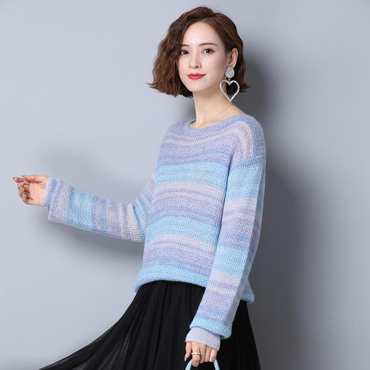 上海旗袍厂PY-20555  秋季新款慵懒风彩色条纹休闲百搭女毛衣圆领套头甜美气质针织衫 商品图3