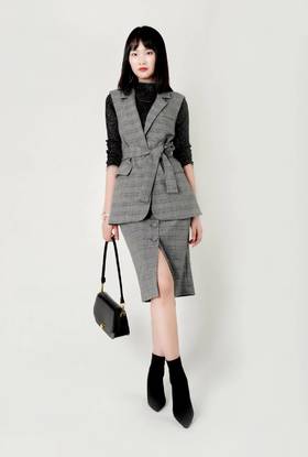 摆双开叉马甲套装（附腰带）