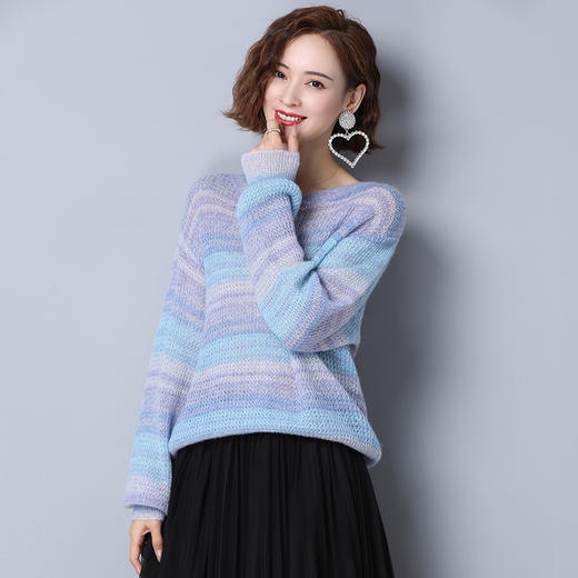 上海旗袍厂PY-20555  秋季新款慵懒风彩色条纹休闲百搭女毛衣圆领套头甜美气质针织衫 商品图2