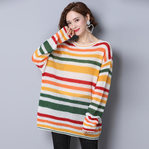 上海旗袍厂PY-30555  秋冬新款彩色条纹圆领套头女毛衣中长款宽松时尚休闲百搭针织衫 商品图1