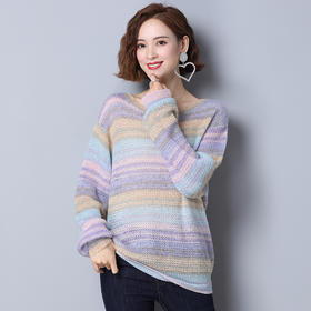 上海旗袍厂PY-20555  秋季新款慵懒风彩色条纹休闲百搭女毛衣圆领套头甜美气质针织衫
