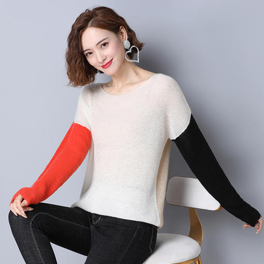 上海旗袍厂PY-30333 秋季新款慵懒风宽松拼接撞色百搭针织衫圆领套头个性时尚女毛衣 商品图1