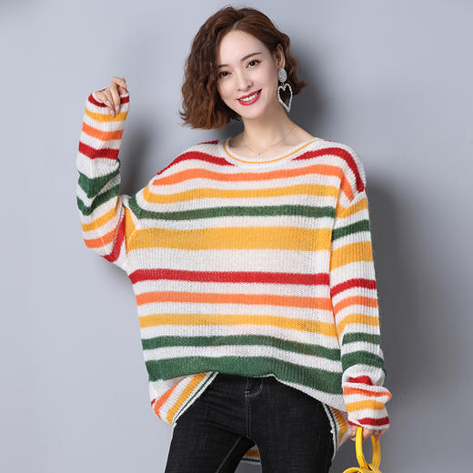 上海旗袍厂PY-30555  秋冬新款彩色条纹圆领套头女毛衣中长款宽松时尚休闲百搭针织衫 商品图0
