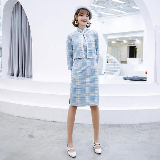 ZA-9506秋冬两件套麂皮绒旗袍 商品图0