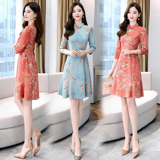 WZNH-MLJL6622修身百搭印花气质麂皮绒连衣裙 商品图1