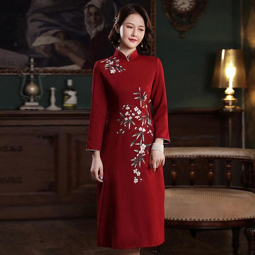 XGT-Q2409郡竹2020秋季新款改良针织古典印花A摆中长款旗袍裙 商品图2