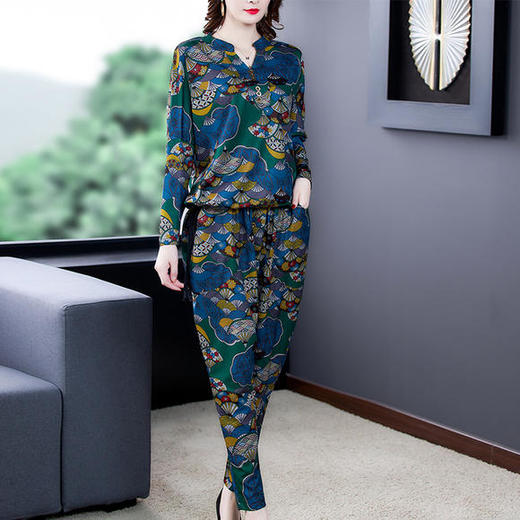 AHM-aswy3066新款百搭休闲优雅气质雪纺印花两件套 商品图1