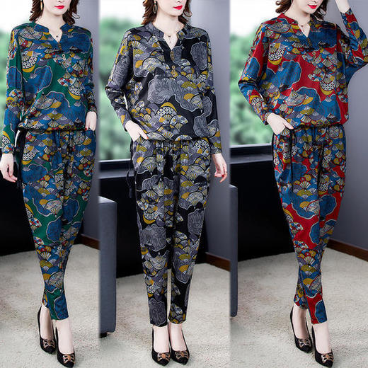 AHM-aswy3066新款百搭休闲优雅气质雪纺印花两件套 商品图0