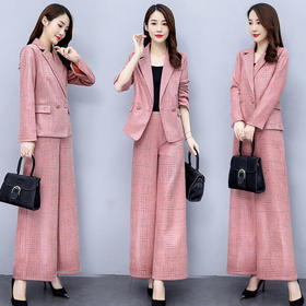 WZNH-RSLD8508简约舒适时尚格纹阔腿裤两件套