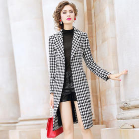 FMY26062新款千鸟格双排扣大衣英伦风外套