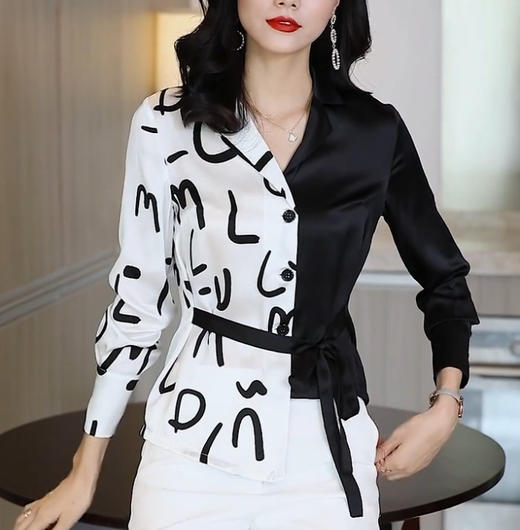 MQQ-AB437526DCX缎面黑白色上衣西装领系带收腰显瘦不规则设计感衬衫 商品图2