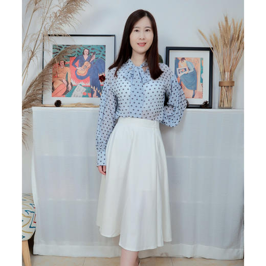 【法式优雅风】蝴蝶结波点 雪纺植绒长袖衬衫 & 白色高腰伞裙 显瘦气质 半身裙 商品图1