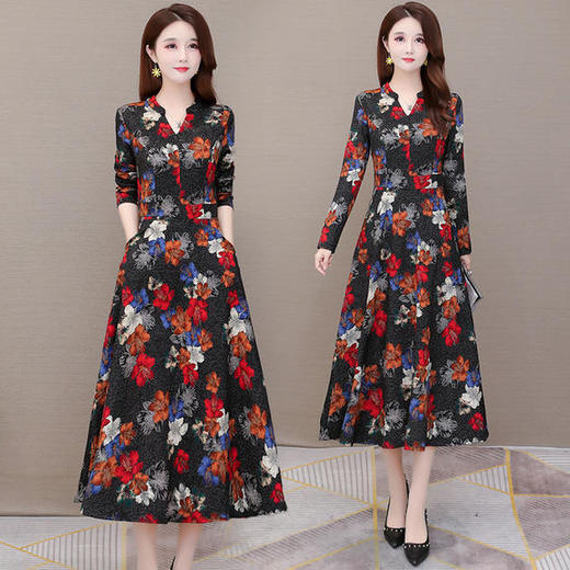 YW-AB37秋装新款修身大码长袖中长款过膝连衣裙 商品图0