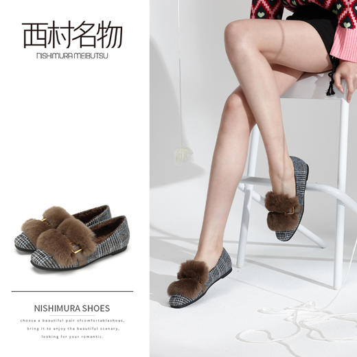 西村名物毛毛鞋女冬季新款复古格子单鞋加绒保暖鞋X29CM34121 商品图0