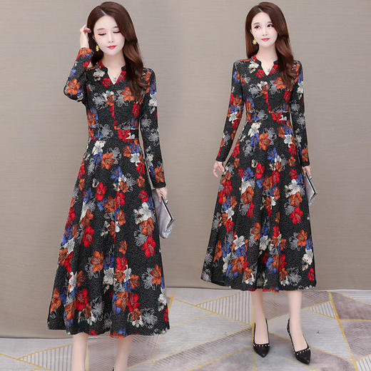 YW-AB37秋装新款修身大码长袖中长款过膝连衣裙 商品图1