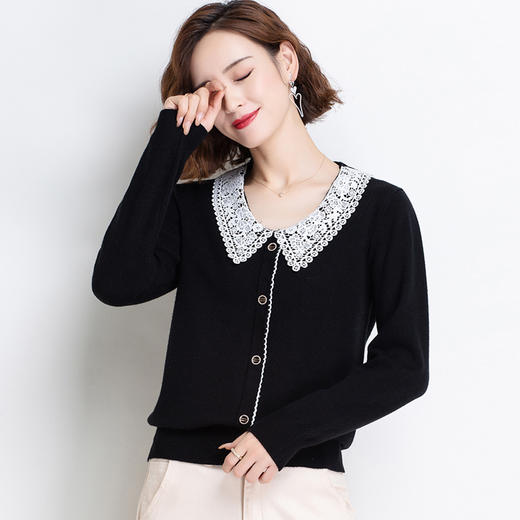 上海旗袍厂PY-92021 秋季新款镂空翻领复古宽松女上衣甜美减龄长袖百搭针织衫 商品图1